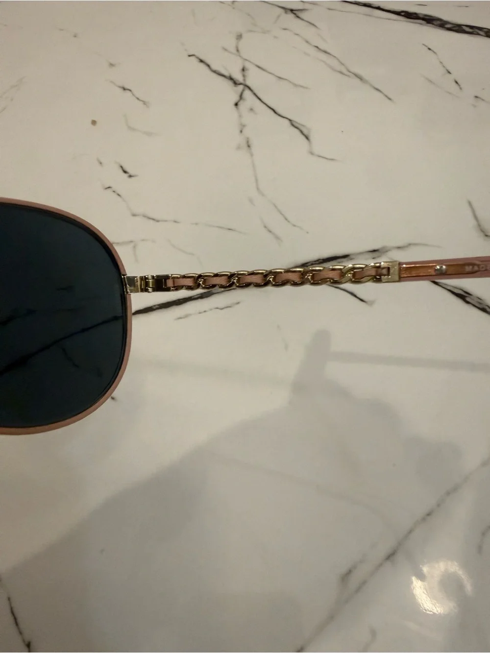 CHANEL Aviator Gold Frame Sunglasses with Pink Leather Trimming & Lenses